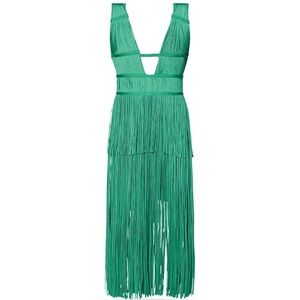 Herve Leger Vibrant Green Backless Fringe Dress